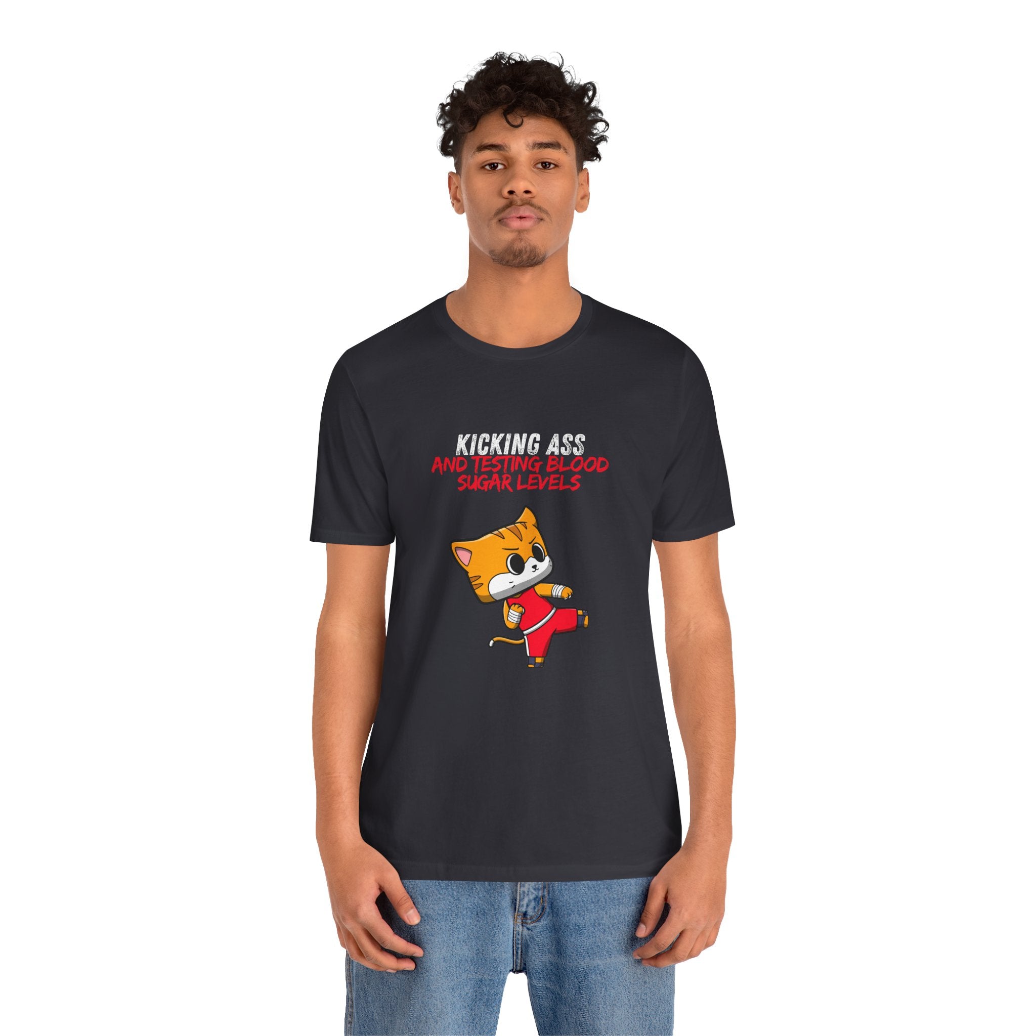 The Diabuddies Store Kicking Ass and Testing Blood Sugar Levels - Unisex Tee Kicking Ass and Testing Blood Sugar Levels - Unisex Tee: This tee is for anyone who faces their daily diabetes routine with a fighting spirit and a good dose of humor. T-Shirts $