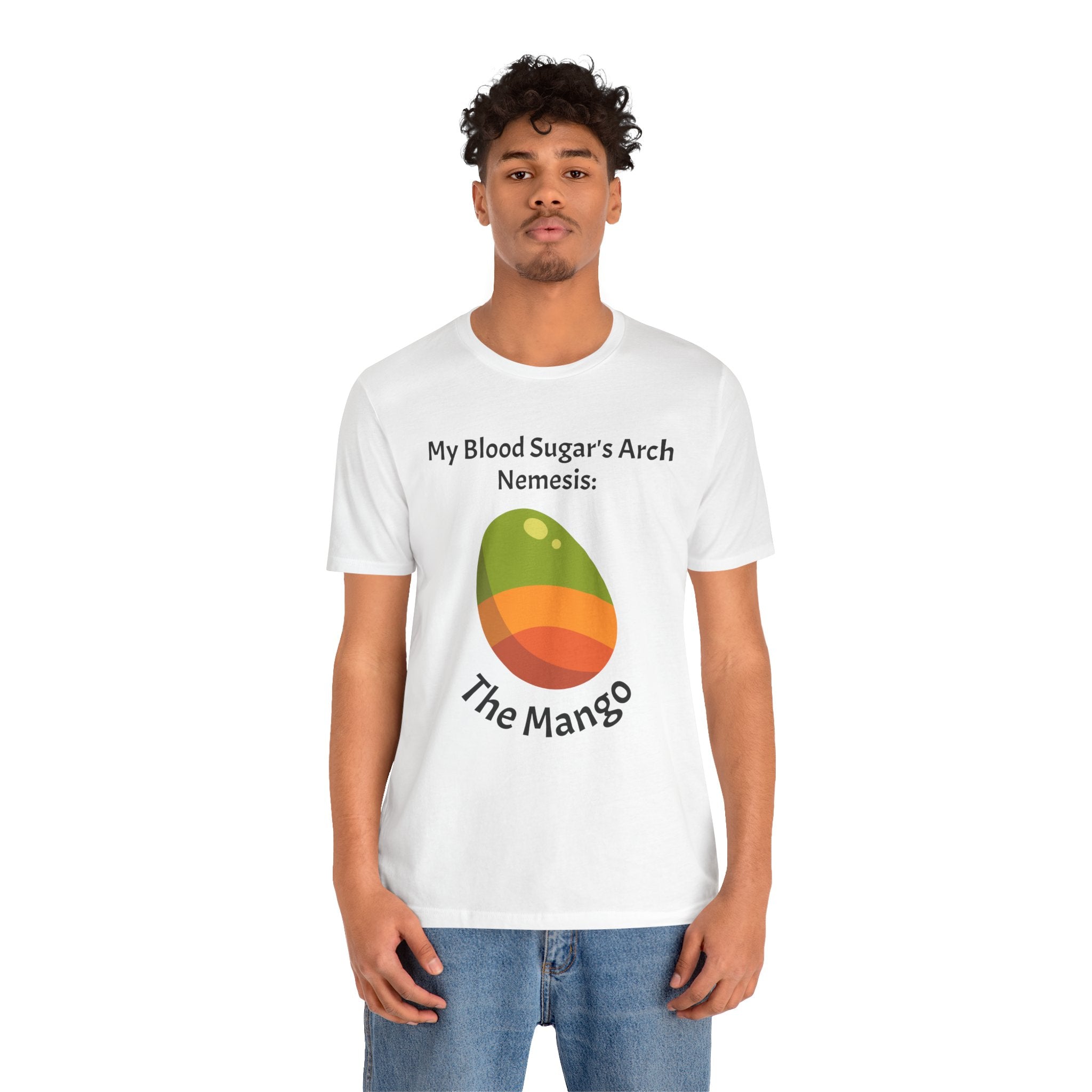 The Diabuddies Store Blood Sugar's Arch Nemesis: The Mango - Unisex Tee Blood Sugar's Arch Nemesis: The Mango - Unisex Tee: Embrace the delicious struggle! This tee humorously declares the mango as blood sugar's arch nemesis, a relatable nod for anyone ma