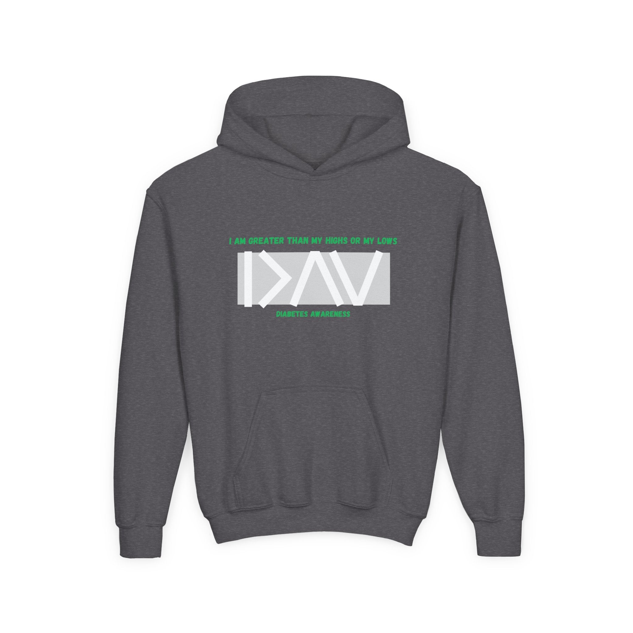 The Diabuddies Store I am Greater than (Grey) - Youth Hoodie I am Greater than (Grey) - Youth Hoodie: Celebrate resilience and strength with this Youth Hoodie! It's a powerful symbol for young individuals living with diabetes, reminding them that they are