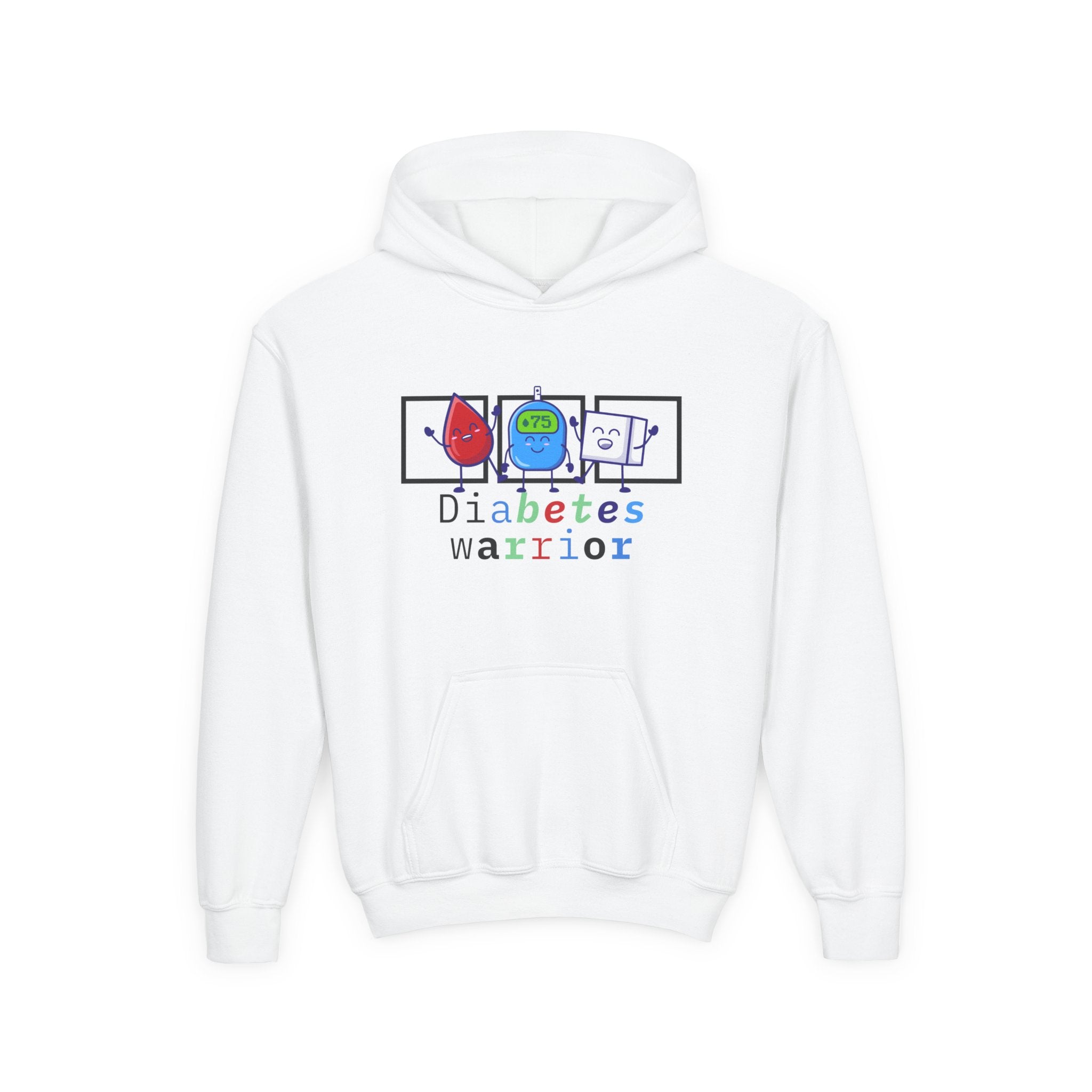 The Diabuddies Store Diabetes Warrior (with icons) - Youth Hoodie Diabetes Warrior (with icons) - Youth Hoodie: Empower your young champion with our "Diabetes Warrior" Youth Hoodie! This super-comfy hoodie proudly displays the spirit of a true warrior, fe
