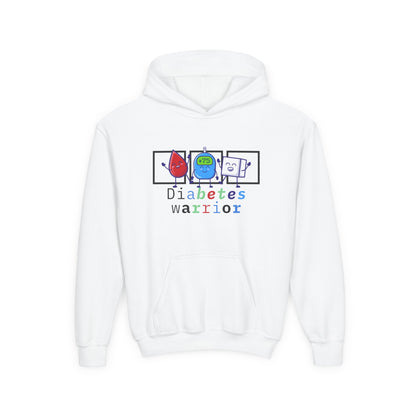 The Diabuddies Store Diabetes Warrior (with icons) - Youth Hoodie Diabetes Warrior (with icons) - Youth Hoodie: Empower your young champion with our "Diabetes Warrior" Youth Hoodie! This super-comfy hoodie proudly displays the spirit of a true warrior, fe