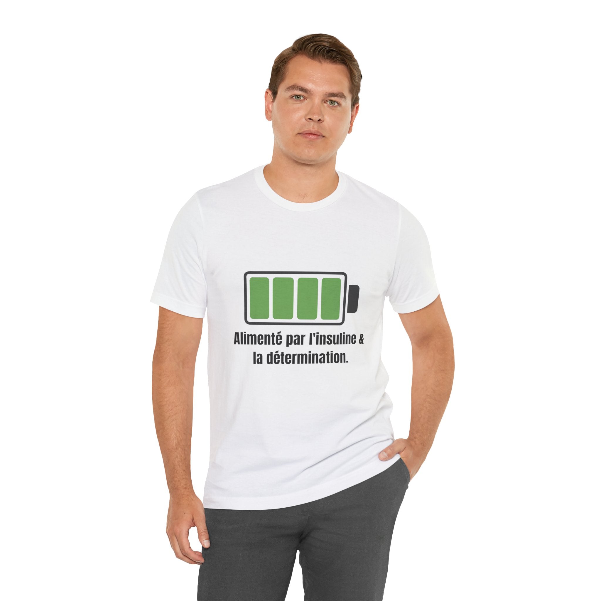 The Diabuddies Store Powered By Insulin (French) - Unisex Tee Powered By Insulin (French) - Unisex Tee: Wear your power with pride! Our "Alimenté par l'insuline et la détermination" Unisex Tee is a bold, comfortable statement of strength and gratitude. T-