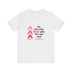 The Diabuddies Store Spiking Faster than my Anxiety (French) - Unisex Tee Get ready to make a statement without saying a word. Our "Ma glycémie monte plus vite que mon anxiété" French Unisex Tee is for anyone who knows the feeling of their blood sugar tak