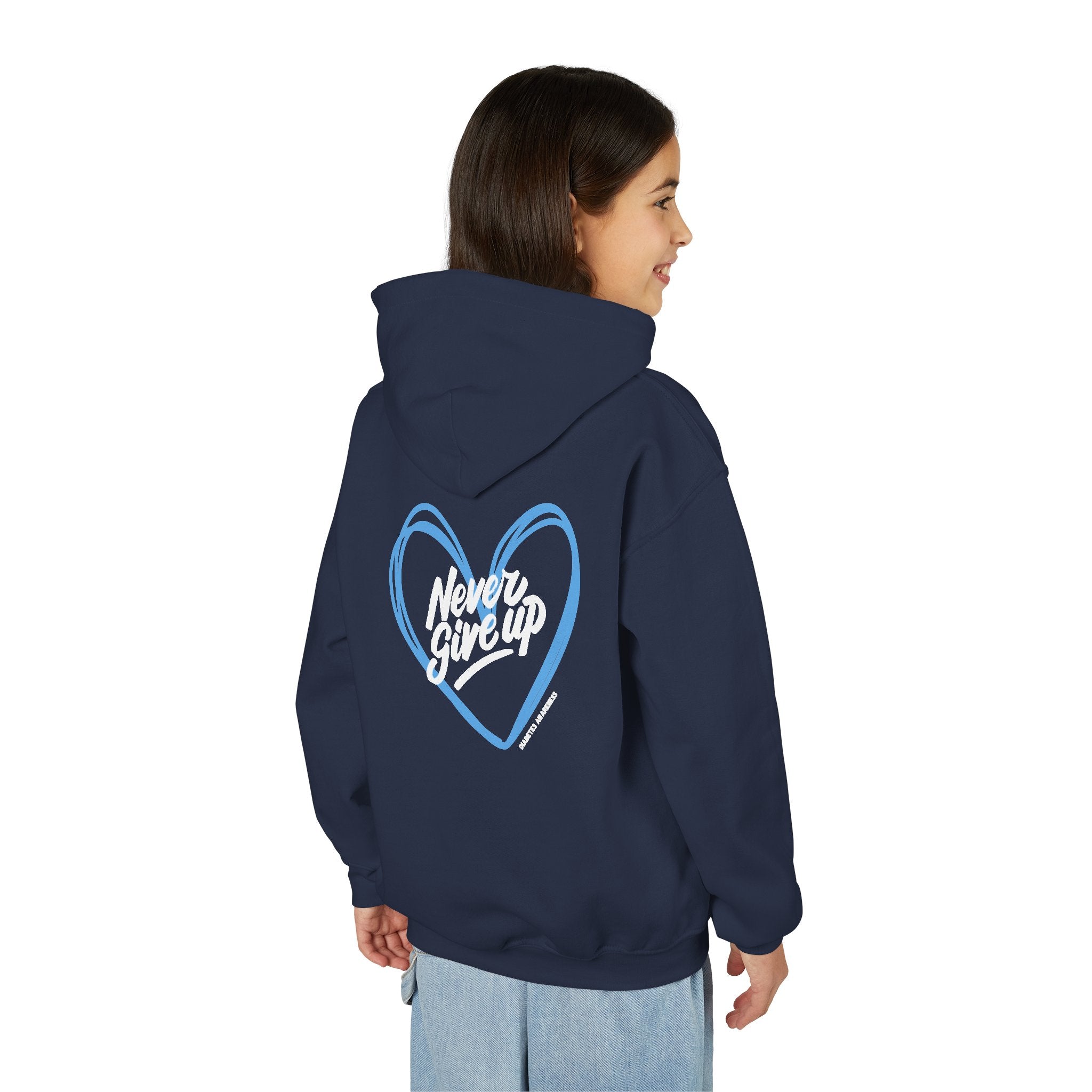 The Diabuddies Store Never Give Up! - Youth Hoodie A powerful statement for the young warriors of the diabetes community. This super soft, comfortable hoodie is the perfect way to share a message of strength, resilience, and hope. Hoodies Kids clothes Awa
