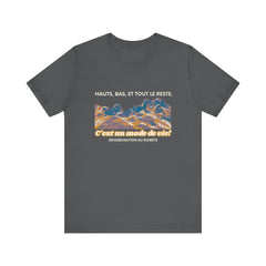 The Diabuddies Store Highs, Lows, and Everything in Between (French) - Unisex Tee Highs, Lows, and Everything in Between (French) - Unisex Tee: Life's a rollercoaster, and this tee gets it! Our "Highs, Lows, and Everything in Between" French shirt is for