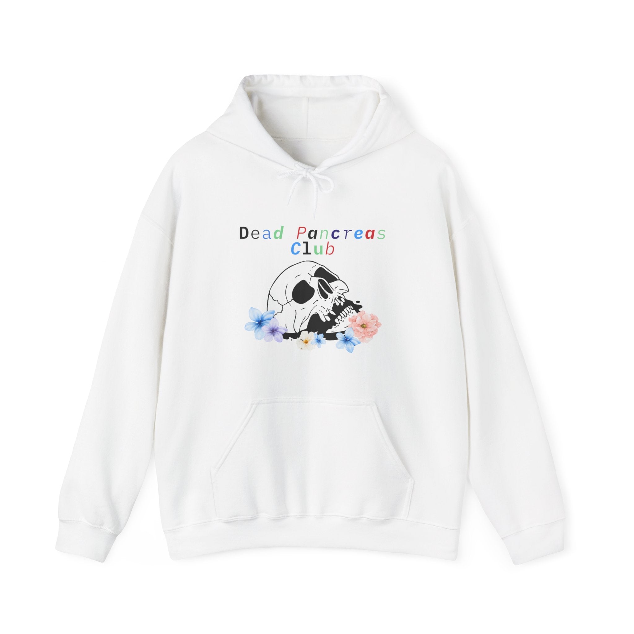 The Diabuddies Store Skull & Flowers, Dead Pancreas Club - Unisex Hoodie Skull & Flowers, Dead Pancreas Club - Unisex Hoodie: Cozy defiance! This unique hoodie blends skulls, flowers, and "Dead Pancreas Club" for a raw, humorous take on life with diabetes