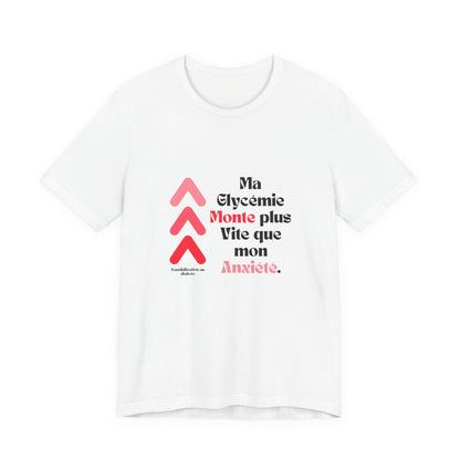 The Diabuddies Store Spiking Faster than my Anxiety (French) - Unisex Tee Get ready to make a statement without saying a word. Our "Ma glycémie monte plus vite que mon anxiété" French Unisex Tee is for anyone who knows the feeling of their blood sugar tak