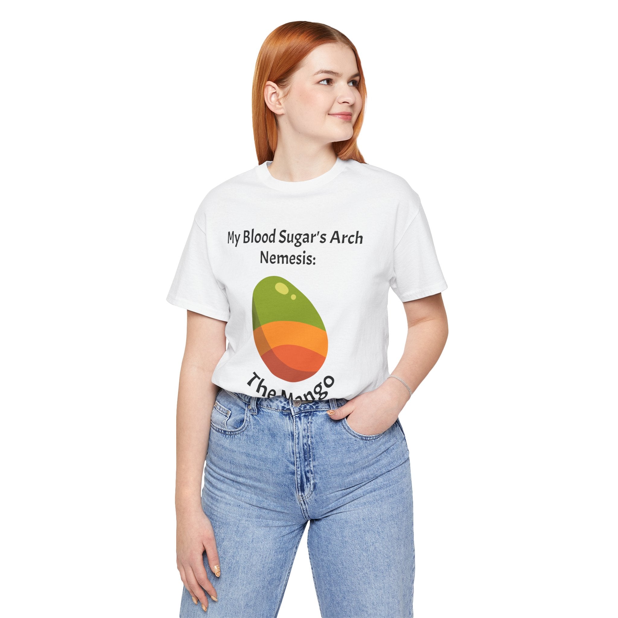 The Diabuddies Store Blood Sugar's Arch Nemesis: The Mango - Unisex Tee Blood Sugar's Arch Nemesis: The Mango - Unisex Tee: Embrace the delicious struggle! This tee humorously declares the mango as blood sugar's arch nemesis, a relatable nod for anyone ma