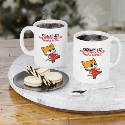 The Diabuddies Store Kicking Ass and Testing Blood Sugar Levels - Mug 11oz Kicking Ass and Testing Blood Sugar Levels - 11oz Mug: Fuel your day with our "Kicking Ass and Testing Blood Sugar Levels" 11oz ceramic mug! It's the perfect way to celebrate the d