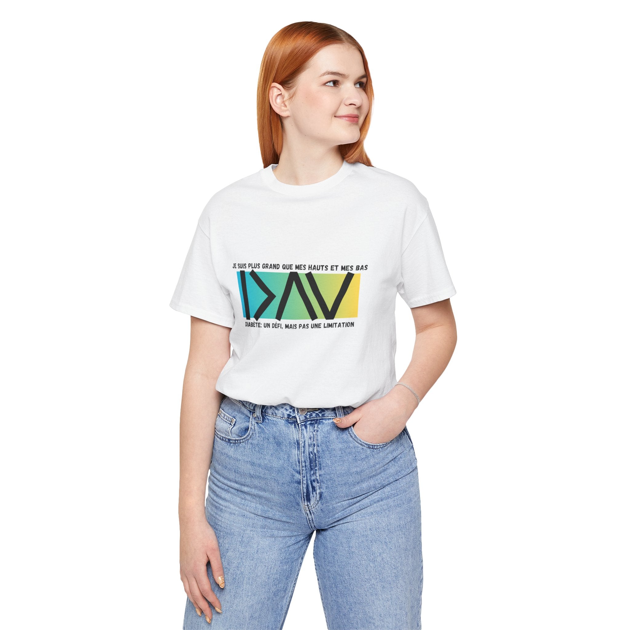 The Diabuddies Store Greater than (French/Yellow)- Unisex Tee Greater than (French/Yellow) - Unisex Tee: An inspiring "Je suis plus grand que mes hauts et mes bas" - French Unisex Tee perfect for active and leisure wear, designed with a retail fit suitabl