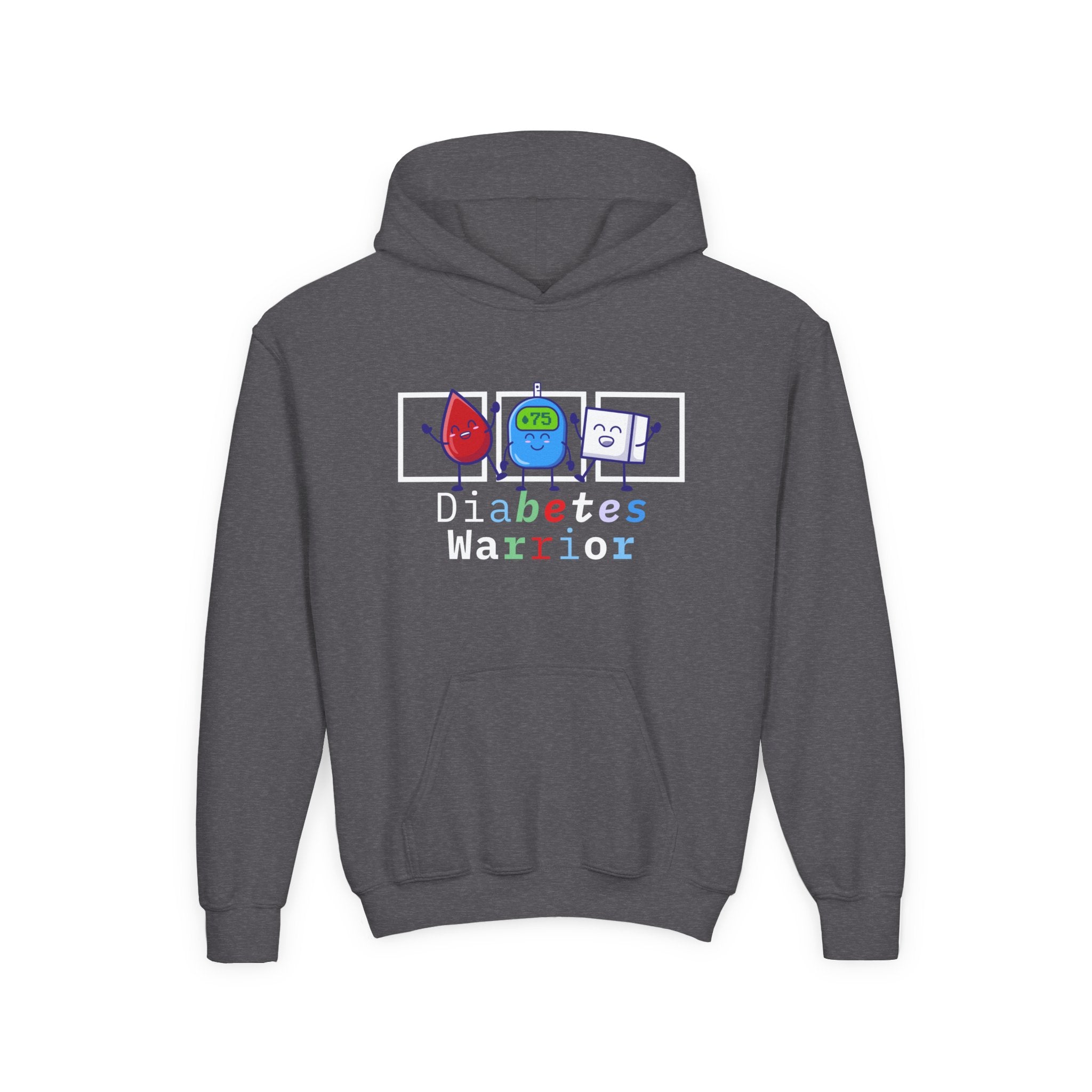 The Diabuddies Store Diabetes Warrior (with icons) - Youth Hoodie Diabetes Warrior (with icons) - Youth Hoodie: Empower your young champion with our "Diabetes Warrior" Youth Hoodie! This super-comfy hoodie proudly displays the spirit of a true warrior, fe