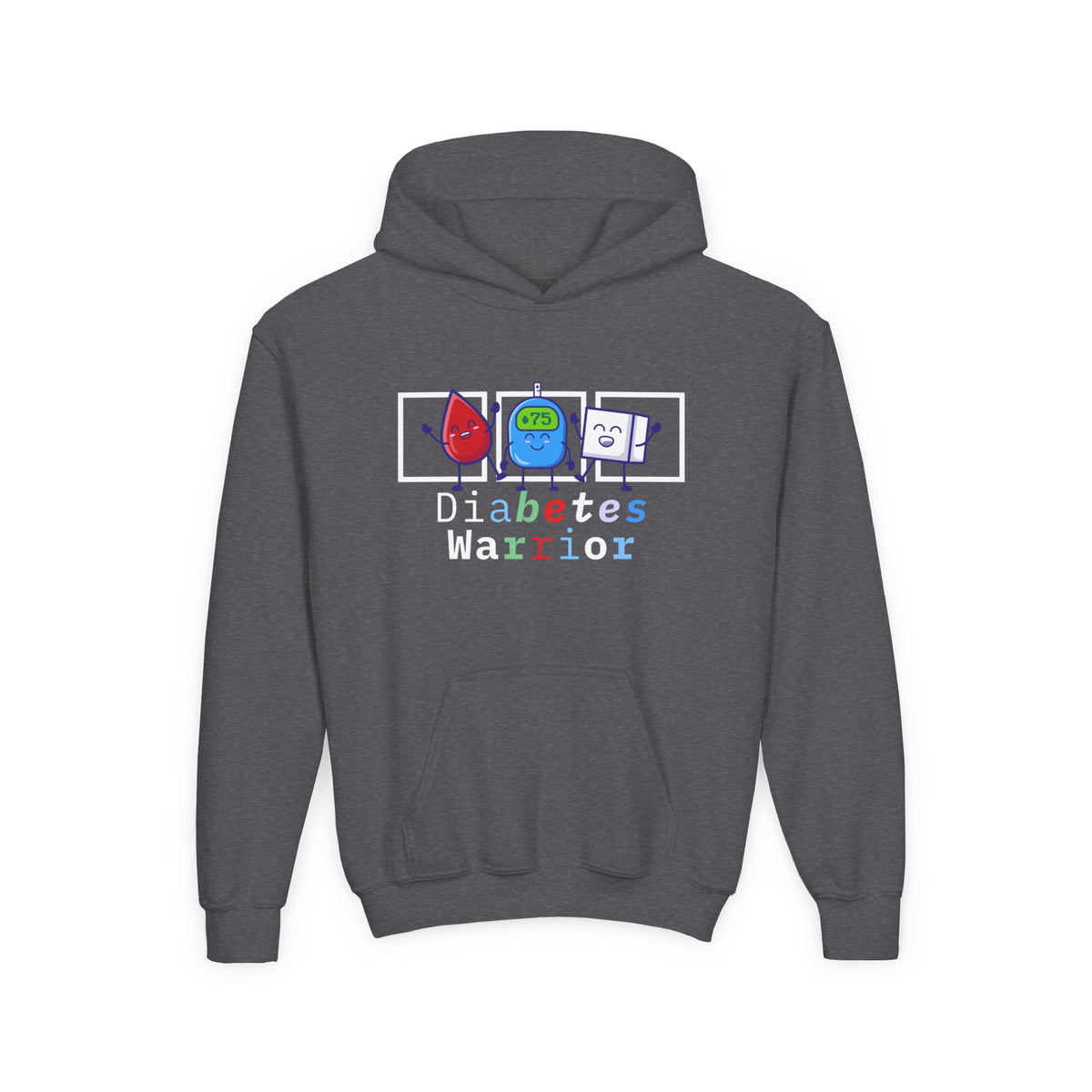The Diabuddies Store Diabetes Warrior (with icons) - Youth Hoodie Diabetes Warrior (with icons) - Youth Hoodie: Empower your young champion with our "Diabetes Warrior" Youth Hoodie! This super-comfy hoodie proudly displays the spirit of a true warrior, fe
